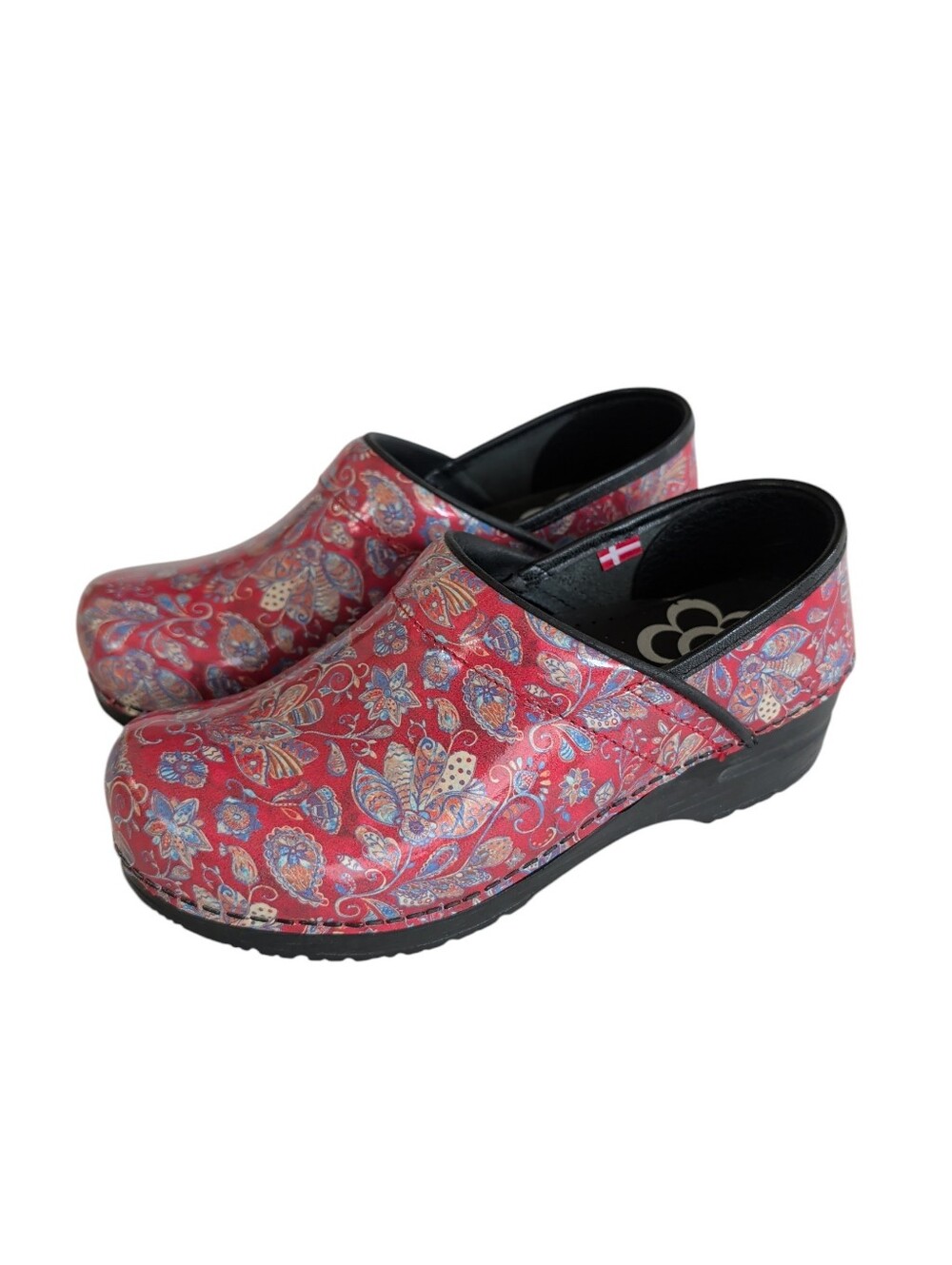 Sanita Original Paisley Floral Patent Leather Clogs EU 37 Red